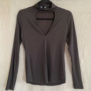 Lulus Women’s M Black Mock Neck Ribbed Long Sleeve Shirt Keyhole V-Neck Top Hot